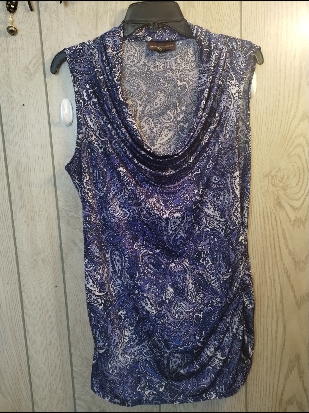 Dana Buchman Navy and White Paisley Cowl Neck Sleeveless Top